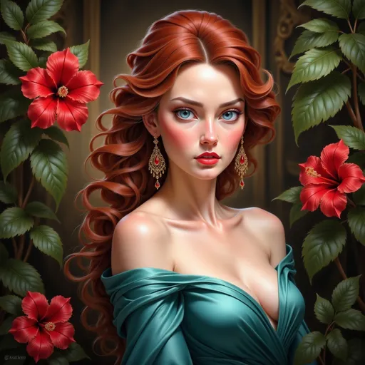 Prompt: Surrounded by lush greenery, a striking young woman with voluminous, curly auburn hair gazes serenely at the viewer, her vivid blue eyes capturing attention against the rich backdrop of tropical leaves and bright hibiscus flowers. Her soft, luminous skin glows in natural light, accentuated by the delicate earrings that dangle from her ears, contrasting beautifully with her off-the-shoulder teal top. The composition balances her captivating presence with the vibrant florals and foliage, creating a harmonious scene that radiates warmth and vitality. This enchanting moment evokes a sense of tranquility and beauty, celebrating the allure of nature and femininity.