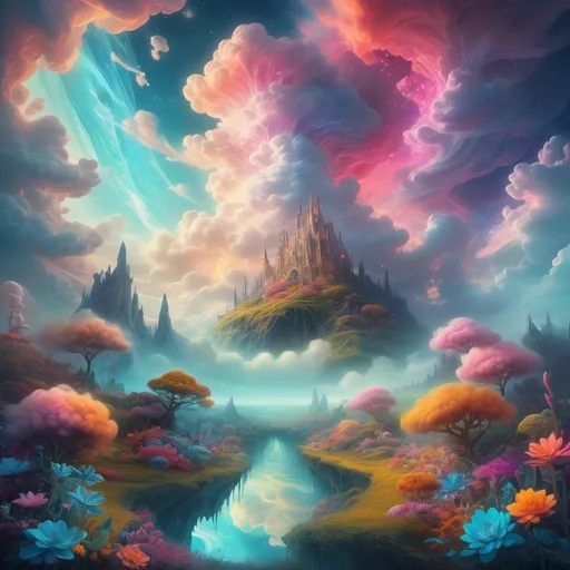 Prompt: dreamscape, surreal landscapes, ethereal clouds, vibrant colors, magical light, expansive skies, whimsical elements, fantastical flora, serene atmosphere, enchanted vibes, high-resolution, ultra-detailed, captivating visual depth, glowing edges, tranquil feelings, mystic environments, fluid shapes, dreamlike quality.