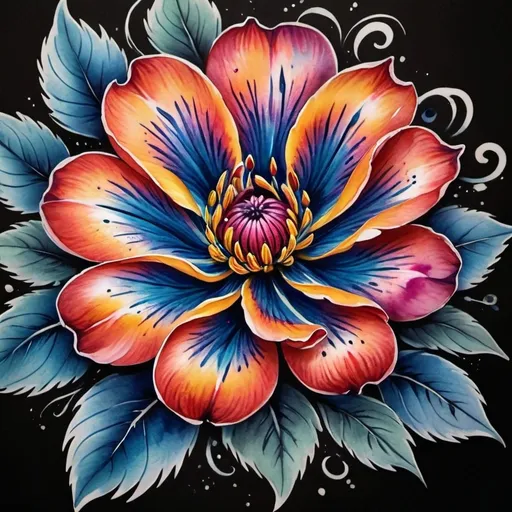 Prompt: <mymodel> Colorful flower tattoo, watercolor style, vibrant petals, intricate details, high quality, vibrant colors, floral design, professional tattoo art, artistic, beautiful, realistic, watercolor, detailed, highres, vibrant, intricate details, floral, professional, colorful, vibrant colors, watercolor style, artistic