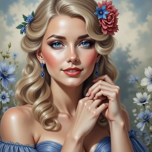 Prompt: (blonde woman), (radiant smile), sitting in a sunlit garden, surrounded by vibrant flowers, warm golden tones, gentle breeze, cozy atmosphere, wearing a flowing pastel dress, soft curls cascading down, sparkling eyes filled with joy, full-body view, extensively detailed, high quality, 4K, ultra-detailed, capturing the essence of happiness and tranquility.