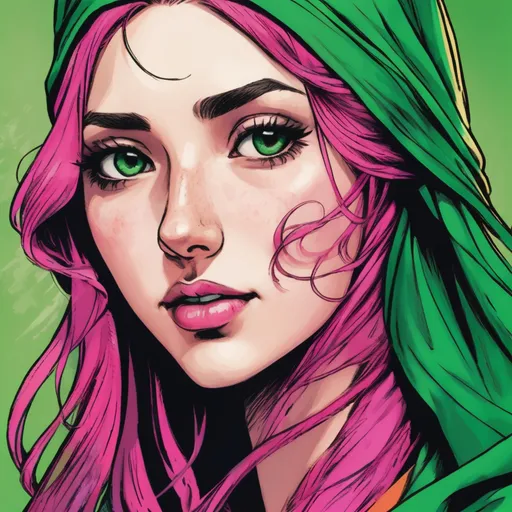 Prompt: This image is a digital drawing in a comic book style. It features a close-up portrait of a young woman with a striking appearance. She has long, wavy pink hair that cascades down past her shoulders, and she wears a green headscarf that covers the top of her head. Her skin is fair. Her eyes are  vibrantly green, with long, dark lashes, and she has pink lipstick on her slightly parted lips. She is wearing a blue top, which is only partially visible in the image. The background is a gradient that transitions from pink on the left to purple on the right, adding a vibrant and colorful contrast to the subject. The lines in the drawing are bold and black, with a slight texture that gives a sense of depth and dimension to the hair and clothing. The overall style is reminiscent of modern pop art, with a focus on bright colors and bold lines. The woman's expression is neutral, and she looks directly at the viewer, creating a sense of connection with the viewer.