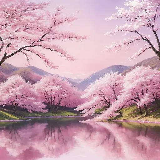Prompt: A peaceful pink landscape, oil painting, cherry blossom trees in full bloom, serene lake reflecting the pink sky, high quality, impressionist, pastel pink tones, soft lighting