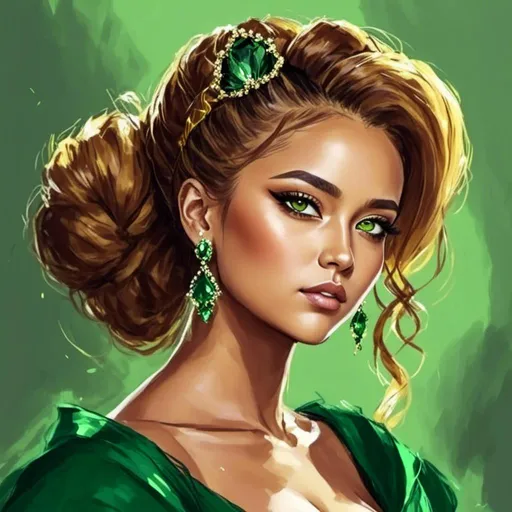 Prompt: <mymodel>Detailed illustration of a woman in vibrant green attire, large vivid green eyes, elegant makeup, digital painting, high resolution, realistic style, vibrant green, professional lighting