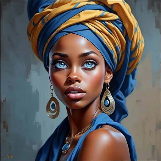 Prompt: <mymodel> a painting of a woman wearing a blue head scarf and a blue necklace with a gold chain around her neck, Chinwe Chukwuogo-Roy, photorealism, highly detailed digital painting, a photorealistic painting