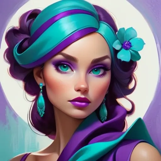 Prompt: Elegant lady in colors of purple and turquoise