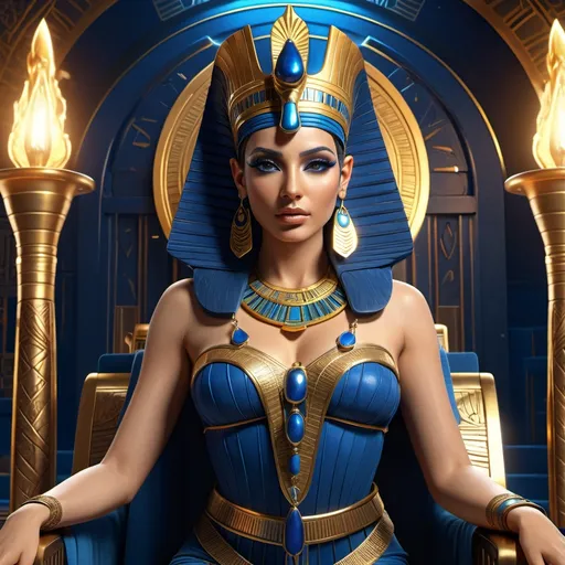 Prompt: HD 4k 3D, 8k, hyper realistic, professional modeling, ethereal Egyptian Goddess style, Ruler Goddess, beautiful, holding scepter,  glowing fair skin, dark blue hair, mythical regal gown, crown, full body, powerful, on throne on egyptian boat, Fantasy setting, surrounded by ambient divine glow, detailed, elegant, surreal dramatic lighting, majestic, goddesslike aura, octane render, artistic and whimsical