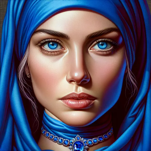 Prompt: a woman with blue eyes wearing a blue head scarf and a sapphire necklace, Art Brenner, figurative art, highly detailed digital painting, a photorealistic painting