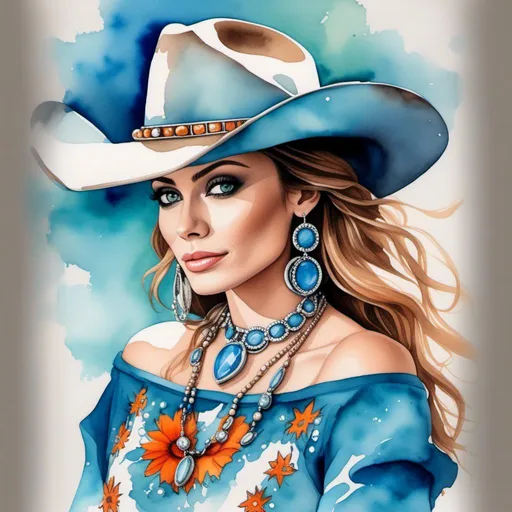 Prompt: <mymodel> a painting of a woman wearing a cowboy hat and jewelry with a blue background and a white background with a watercolor effect, Anne Stokes, figurative art, professional digital painting, a watercolor painting