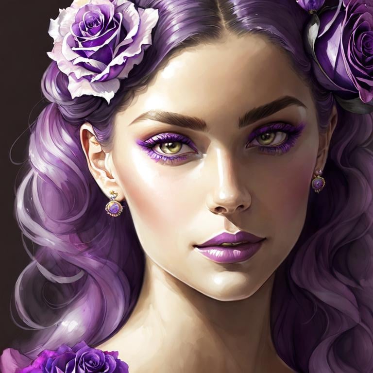 Prompt: Cosmic Epic Beauty, Beautiful and Gorgeous, purple roses in hair