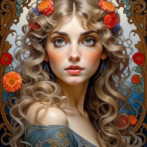 Prompt: <mymodel>Penny-Beautiful woman with flowers, oil painting, detailed fiery eyes, ethereal glow, dark and mysterious, high quality, vibrant colors, surreal, haunting, intricate floral details, intense gaze, mystical atmosphere, oil painting, demon, hybrid, fiery eyes, ethereal, vibrant colors, surreal, haunting, floral details, intense gaze, mystical atmosphere