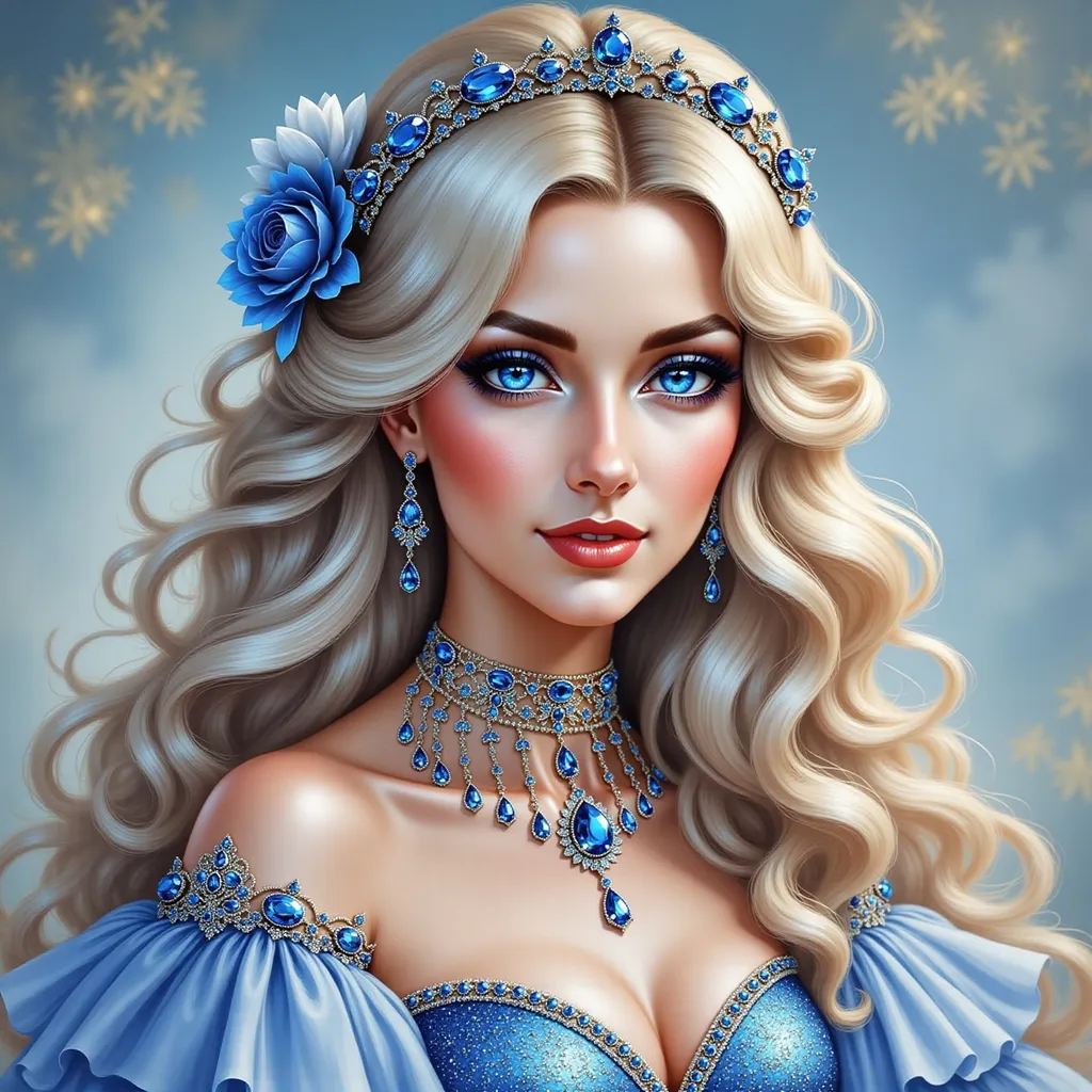 Prompt: a woman with a crown on her head and a necklace on her neck of sapphires, in a blue dress with flowers, Anne Stokes, fantasy art, highly detailed digital painting, a detailed painting