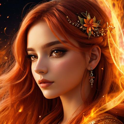 Prompt: fairy goddess, warm colors, fiery background, closeup