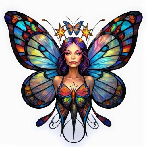 Prompt: a colorful butterfly with a woman's face on it's wings and a star above it's head, Android Jones, psychedelic art, highly detailed digital art, an airbrush painting