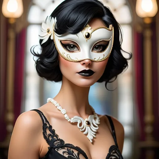 Prompt: white masquerade mask worn by an elegant lady with black hair, facial closeup