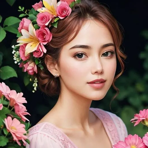 Prompt: a beautiful woman , lots of pretty pink flowers