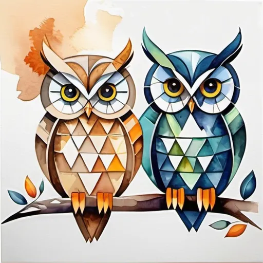 Prompt: owl in a watercolor painting cubism art style