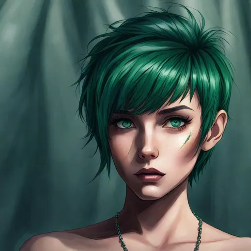 Prompt: ady with emerald green hair and eyes