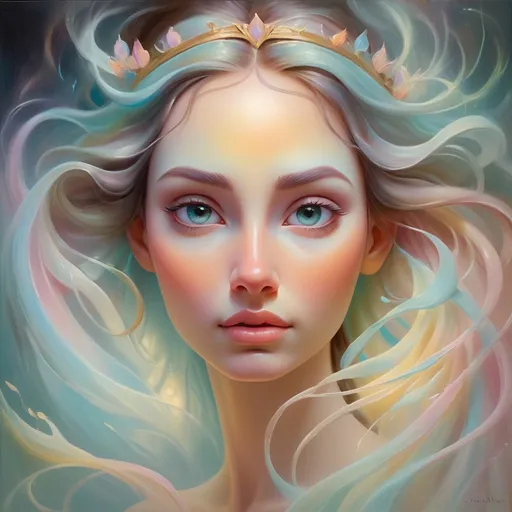 Prompt: Ethereal oil painting of a serene goddess, flowing pastel brushstrokes, surreal ethereal beauty, divine radiance, high quality, oil painting, serene beauty, pastel tones, soft lighting