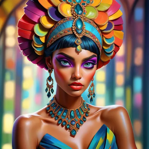 Prompt: digital painting, dramatic colourful makeup, high fashion, intense gaze, realistic portrayal, vibrant colors, detailed features, highres, professional, dramatic, realistic, digital painting, intense gaze, vibrant colors, detailed features, high fashion, glamorous lighting