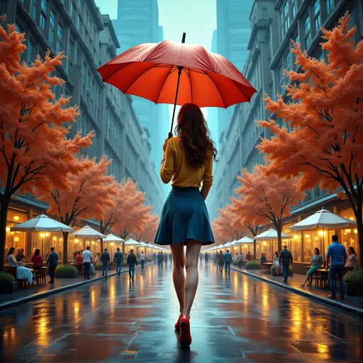 Prompt: a woman holding an umbrella in the rain in a city street with people walking on the sidewalk, Evgeny Lushpin, fantasy art, highly detailed digital painting, a detailed matte painting