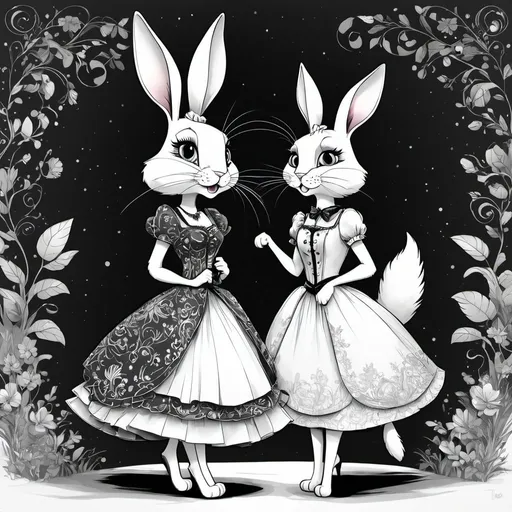 Prompt: <mymodel>Funny illustration of a anthropomorphic rabbit and cat in beautiful dresses , Tim Burton style eyes, bright and colorful, whimsical bright colorful background, comical expressions, high quality, detailed fur, playful, cartoonish, vibrant colors, imaginative lighting