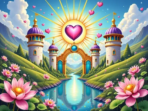 Prompt: This is a vibrant, digitally created fantasy illustration depicting a magical castle archway. The scene is set in a lush, green valley with rolling hills and a clear, reflective blue river running through the center. Two tall, cylindrical towers with purple domes and golden accents flank the central golden archway, which features a large, blue gem at its peak. Above the archway, a radiant, golden sun emits bright rays, with a large, pink heart floating in the center of the sunburst. Pink hearts of various sizes are scattered throughout the sky, adding to the whimsical atmosphere. The foreground is filled with blooming pink lotus flowers with green leaves, adding a touch of natural beauty. The background includes distant, blue-tinged mountains under a bright blue sky with fluffy white clouds. The overall style is highly detailed and colorful, with a soft, almost glowing texture that enhances the fantastical and dreamlike quality of the scene. The image conveys a sense of magic, romance, and tranquility, with its rich colors, detailed elements, and enchanting composition.