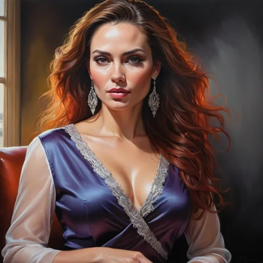 Prompt: Realistic oil painting of a powerful woman, vibrant colors, dramatic lighting, elegant attire, detailed facial features, high quality, realistic, vibrant colors, dramatic lighting, powerful woman, elegant attire, detailed facial features, oil painting