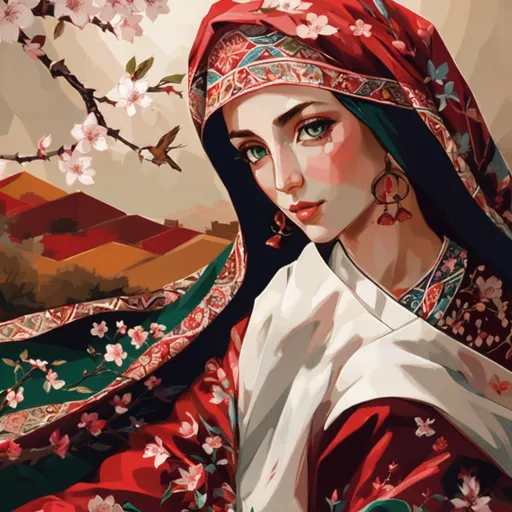 Prompt: A colorful design in the dimensions of 140x140 centimeters, its main theme is white and red, there are pomegranates and cherry blossoms in it, and some green leaves and branches and traditional Iranian designs are used, and there are small birds in it.