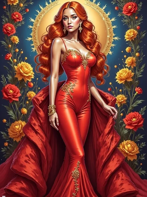 Prompt: Mage Crimson (painting of a well endowed woman in a striking red dress), vibrant, flowing red hair, red cape draping elegantly, (deep blue psychedelic background), surreal forms and patterns intertwining, created in the style of Alphonse Mucha, rich color saturation, ethereal and dreamlike atmosphere, (intricate textures), visually captivating, 4K quality, poster art aesthetic.