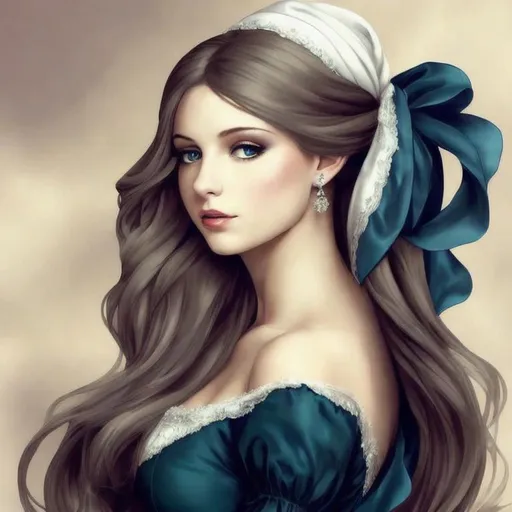 Prompt: a beautiful young lady, elegant long hair, beautiful dress, a white head scarf