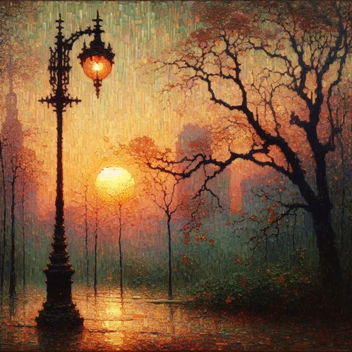 Prompt: a painting of a street light and trees in the rain at sunset with a cityscape in the background, Alena Aenami, american scene painting, intricate oil painting, a fine art painting