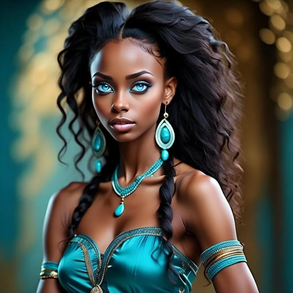 Prompt: <mymodel>An extremely gorgeous woman,  with turquoise jewels, in color scheme of turquoise and gold