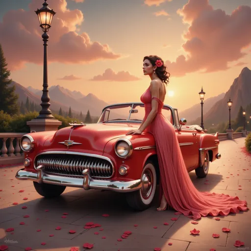 Prompt: Bathed in the warm glow of a setting sun, a stunning woman poses elegantly next to a vibrant red vintage car, exuding glamour and confidence. Her long, flowing dress in soft coral drapes gracefully, enhancing her figure while complementing the car's classic curves. With softly curled hair adorned with a red flower, she gazes captivatingly into the distance, embodying the essence of a bygone era. The scene is set on a beautifully paved road lined with lush greenery and charming lampposts, with mountains rising majestically in the background. The delicate petals scattered on the ground add a romantic touch, while the dramatic sky showcases hues of orange and gold, enriching the serene atmosphere of this enchanting moment.