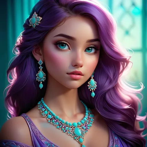 Prompt: Girl in purple tones, turquoise jewelry, high quality, detailed, artistic, purple hues, detailed jewelry, soft and ethereal, elegant, atmospheric lighting