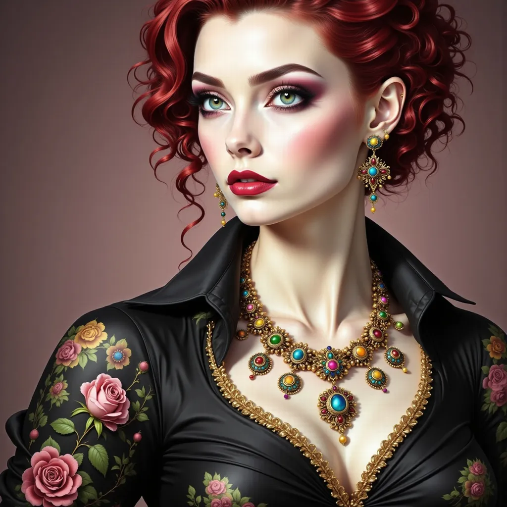 Prompt: a woman with a necklace and earrings on her neck and a red lip and a black dress on her chest, Edwin Georgi, gothic art, highly detailed digital painting, a photorealistic painting