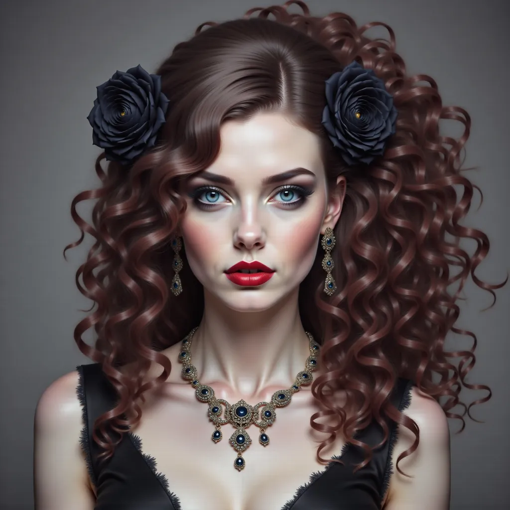 Prompt: a woman with long hair and a necklace on her neck and a red lipstick on her cheek and a black dress, Carla Wyzgala, gothic art, highly detailed digital painting, a photorealistic painting