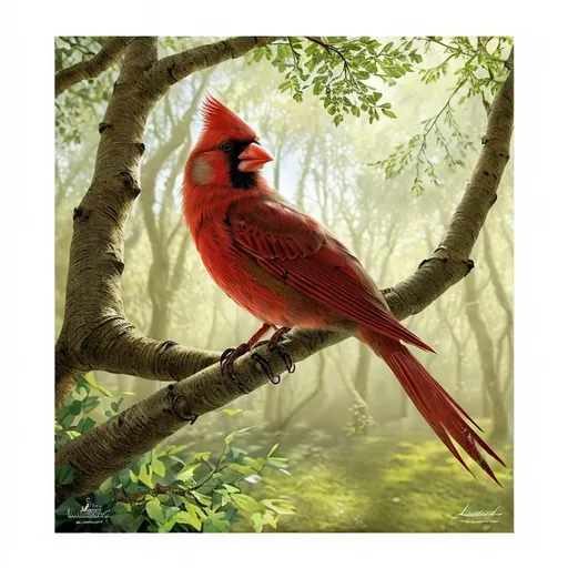 Prompt: High-quality, detailed cardinal illustration, realistic feathers, vibrant colors, natural woodland setting, bright sunlight filtering through trees, lifelike pose, intricate feathers, realistic wildlife art, artistic rendering, vibrant colors, natural lighting