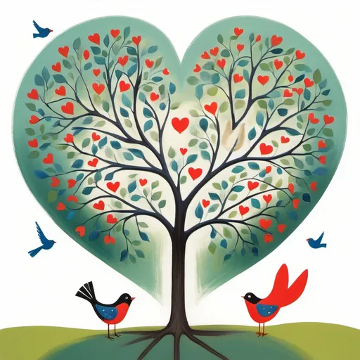 Prompt: a painting of a tree with two birds on it and a heart shaped tree with two birds on it, Annabel Kidston, naive art, birds, a storybook illustration