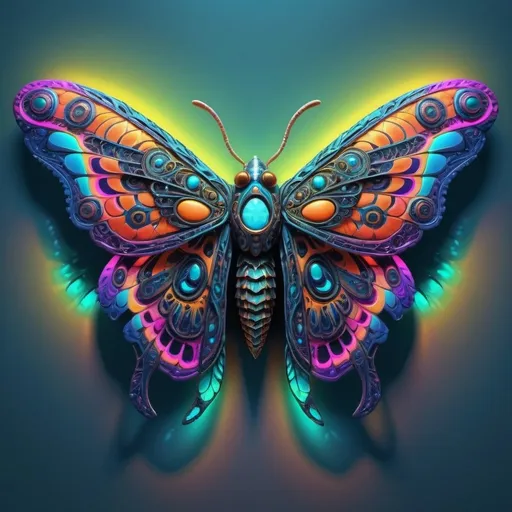 Prompt: Vibrant, colorful moth with intricate wing patterns, high quality, detailed, 3D rendering, surreal, neon colors, glowing bioluminescent markings, lush and vivid environment, mesmerizing, fantasy, iridescent, neon, detailed wings, surreal lighting