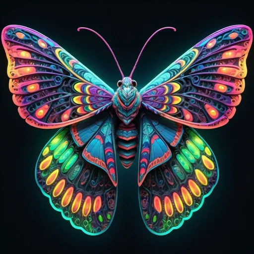 Prompt: Vibrant, colorful moth with intricate wing patterns, high quality, detailed, 3D rendering, surreal, neon colors, glowing bioluminescent markings, lush and vivid environment, mesmerizing, fantasy, iridescent, neon, detailed wings, surreal lighting