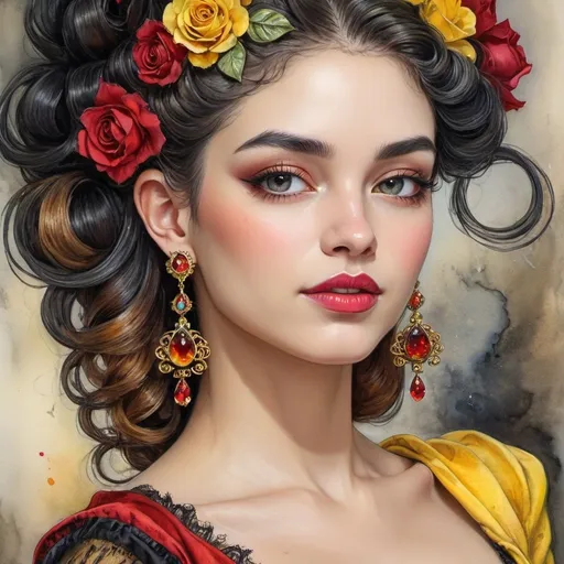 Prompt: <mymodel> beautiful woman, hair pinned up, yellow red black dress, earrings, Watercolor, trending on artstation, sharp focus, studio photo, intricate details, highly detailed, by  Josephine Wall and Jasmine Becket-Griffith