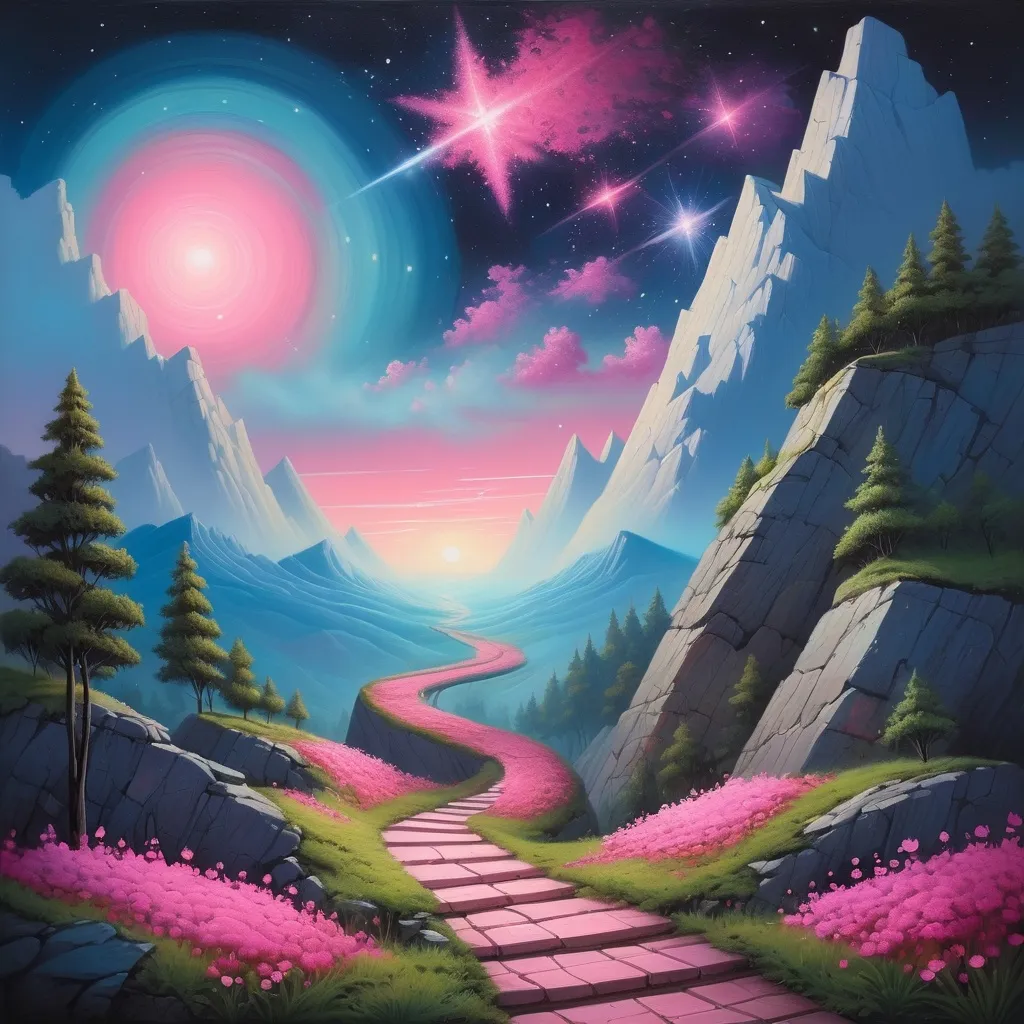 Prompt: a  quirky, colorful painting of a pathway leading to a star filled sky with pink flowers and trees on the side of a mountain, Chris LaBrooy, fantasy art, fantasy artwork, an oil painting