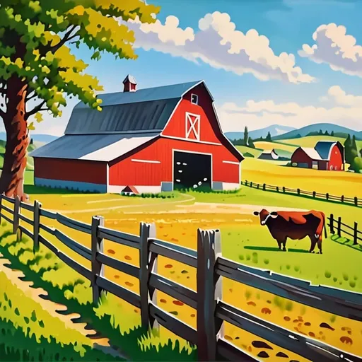 Prompt: Classic farm scene with a red barn, rustic countryside setting, vibrant green pastures, traditional wooden fences, clear blue sky, high quality, oil painting, classic style, warm tones, natural lighting
