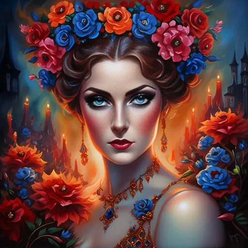 Prompt: <mymodel>Nataasha-Beautiful woman with flowers, oil painting, detailed fiery eyes, ethereal glow, dark and mysterious, high quality, vibrant colors, surreal, haunting, intricate floral details, intense gaze, mystical atmosphere, oil painting, demon, hybrid, fiery eyes, ethereal, vibrant colors, surreal, haunting, floral details, intense gaze, mystical atmosphere