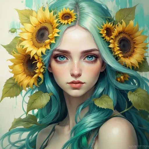 Prompt: a painting of a woman with sunflowers on her head and blue eyes, with green hair and blue eyes, Anna Dittmann, fantasy art, trending on art station, a detailed painting