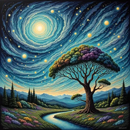 Prompt: a  landscape with a night sky background and stars in the sky,  Van Gogh sky, Dan Mumford, post-impressionism, stars, a detailed painting