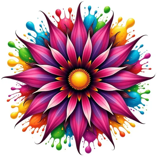 Prompt: This is a vibrant, digital illustration of a mandala-style flower design. The central focus is a symmetrical, starburst-shaped flower with pointed petals. The petals are primarily pink with gradients of magenta and purple, interspersed with black and yellow accents. The flower's center is a small, bright yellow circle surrounded by a ring of orange. Surrounding the flower is a colorful splatter effect, featuring droplets in various sizes and colors including red, blue, green, and yellow. The background is white, which makes the vivid colors of the flower and splatter stand out prominently. The petals have a smooth, slightly glossy texture, while the splatter droplets appear more fluid and painterly. The overall style combines elements of both abstract and traditional floral art, with a modern, digital twist. The image is balanced and symmetrical, with the flower's points extending outward in a starburst pattern, creating a dynamic and eye-catching visual. The use of bright, contrasting colors and the splatter effect adds a sense of movement and energy to the otherwise static floral design.