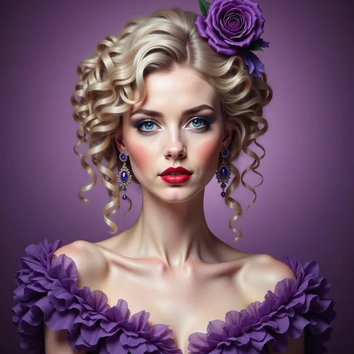 Prompt: a woman with blonde hair and purple makeup is wearing a purple dress and earrings and a purple background is also a purple backdrop, Edwin Georgi, rococo, purple, a photorealistic painting