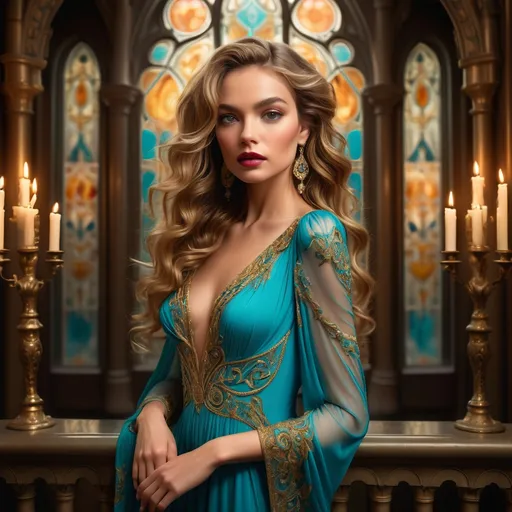 Prompt: Radiating elegance, a poised woman stands against a backdrop of intricate stained glass, her flowing turquoise gown adorned with rich golden embroidery enhancing her regal presence. Her luxurious, wavy hair cascades over her shoulders, framing a flawless complexion highlighted by bold makeup that emphasizes her expressive eyes and full lips. The ambient lighting, provided by flickering candlelight from ornate holders nearby, casts a warm glow, accentuating the opulence of the richly decorated room. This scene evokes a sense of timeless beauty and sophistication, as if capturing a moment from a grand historical narrative set in a lavish palace.