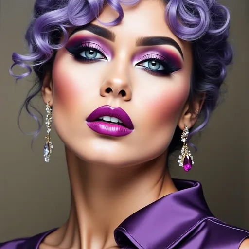 Prompt: a painting of a woman with purple makeup and purple hair and purple lipstick on her lips and purple dress, Edwin Georgi, hyperrealism, extremely detailed oil painting, a hyperrealistic painting